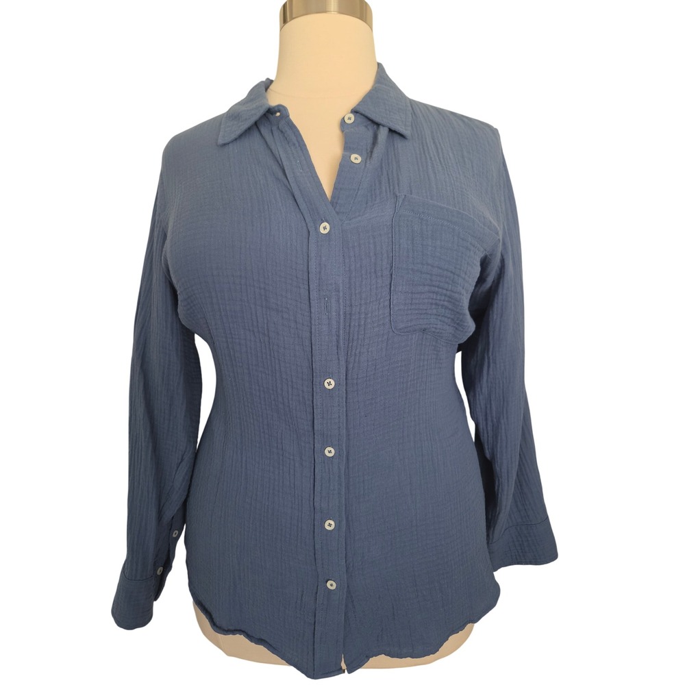 Talbots Plus Womens 2X Blue Cotton Double Gauze Button Down Shirt BD2706